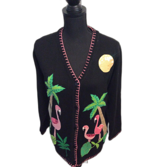 The Quacker Factory 90's Black Cardigan Flamingos Palm Trees Medium M - Picture 1 of 6